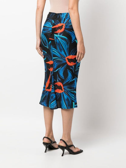 Printed cotton blend silk midi skirt