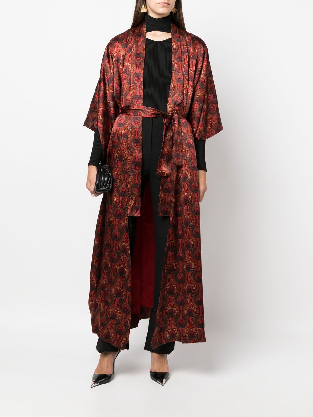 Printed silk long kimono