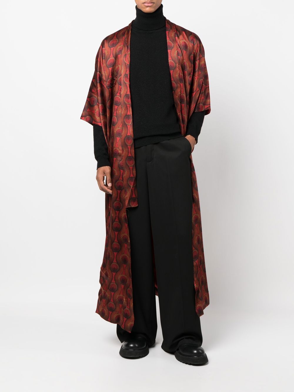 Printed silk long kimono