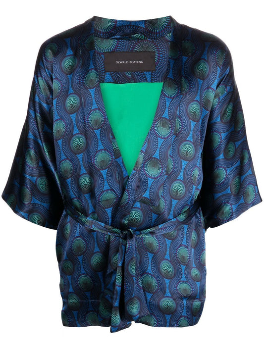 Printed silk short kimono