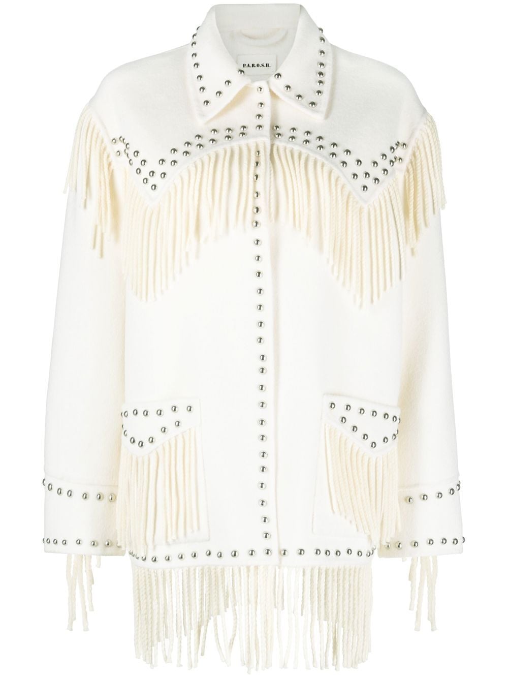 Shirt-jacket with embroidery studs and fringe