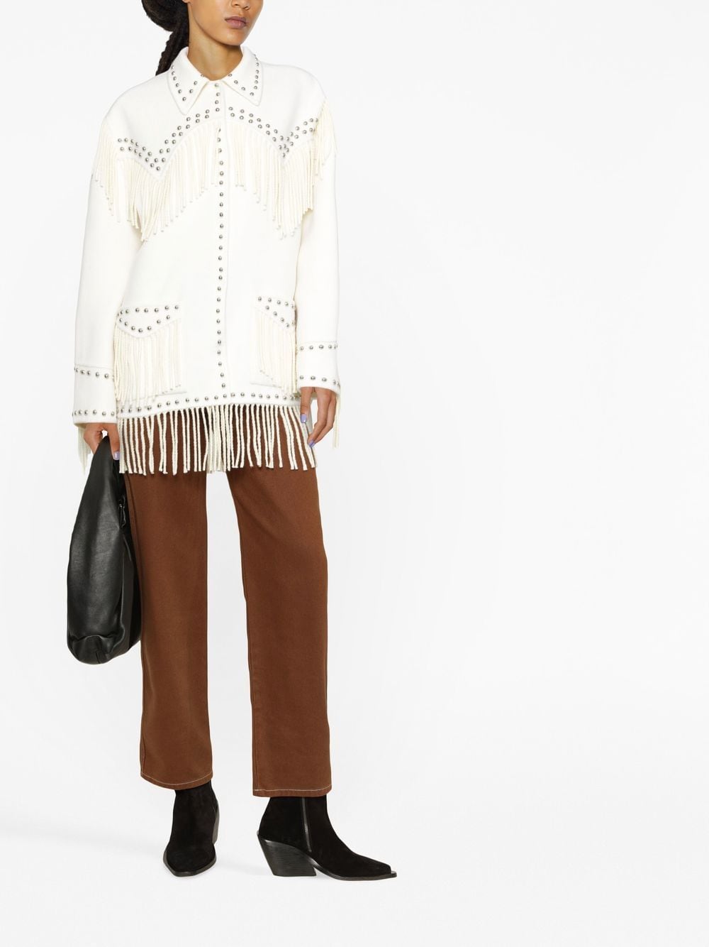 Shirt-jacket with embroidery studs and fringe