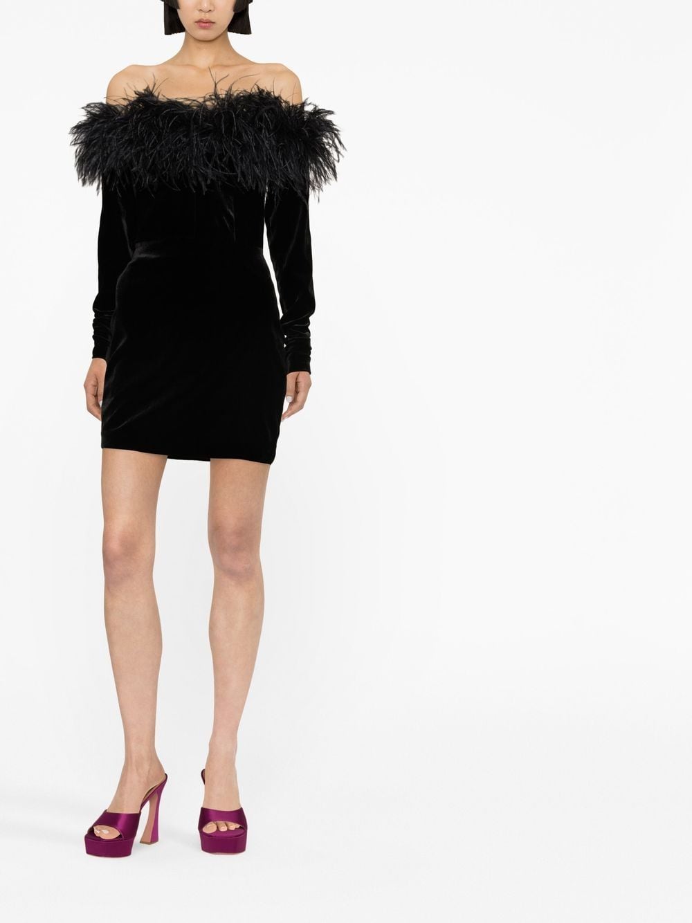 Feather detail velvet short dress