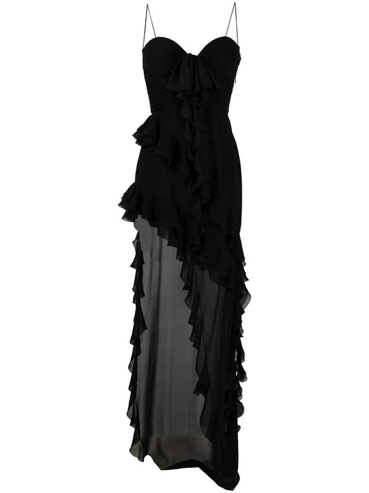 Ruffles detail silk georgette evening dress