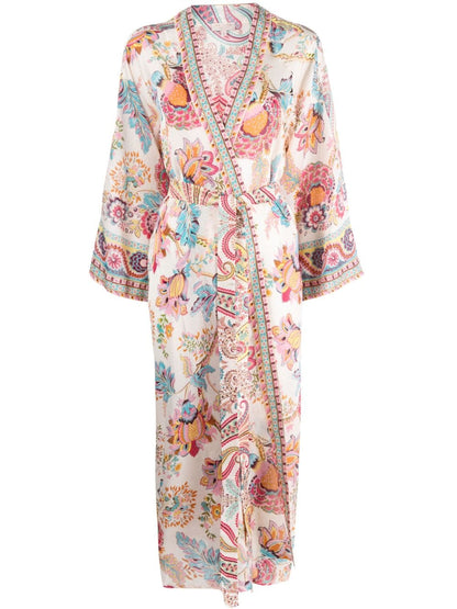 Printed satin belted kimono