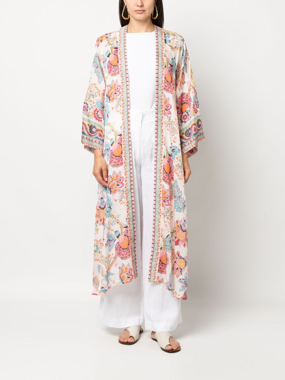 Printed satin belted kimono