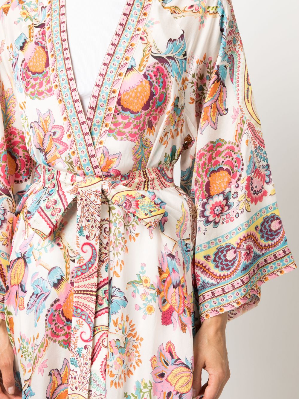 Printed satin belted kimono