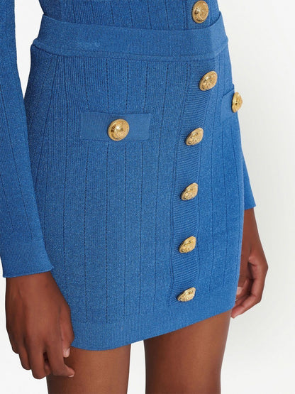 Embossed-buttons knit mini skirt