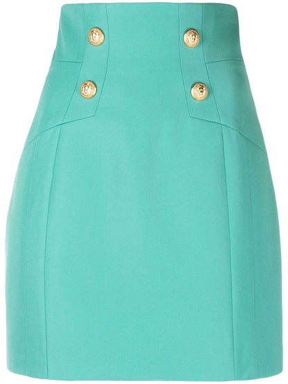 Button-embossed wool mini skirt