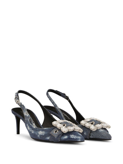 Denim patchwork slingback pumps