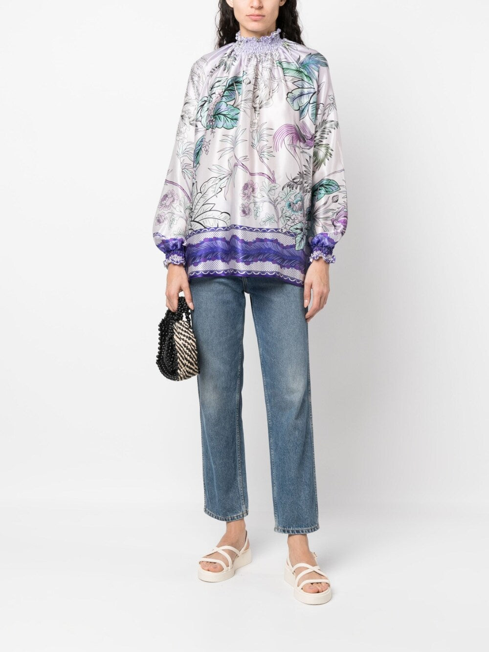 High neck printed silk blouse