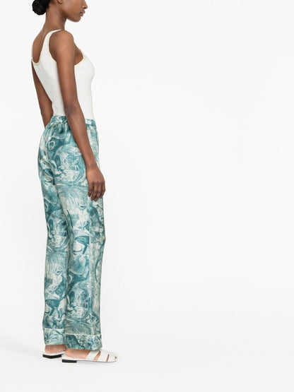 Wide-leg printed silk trousers