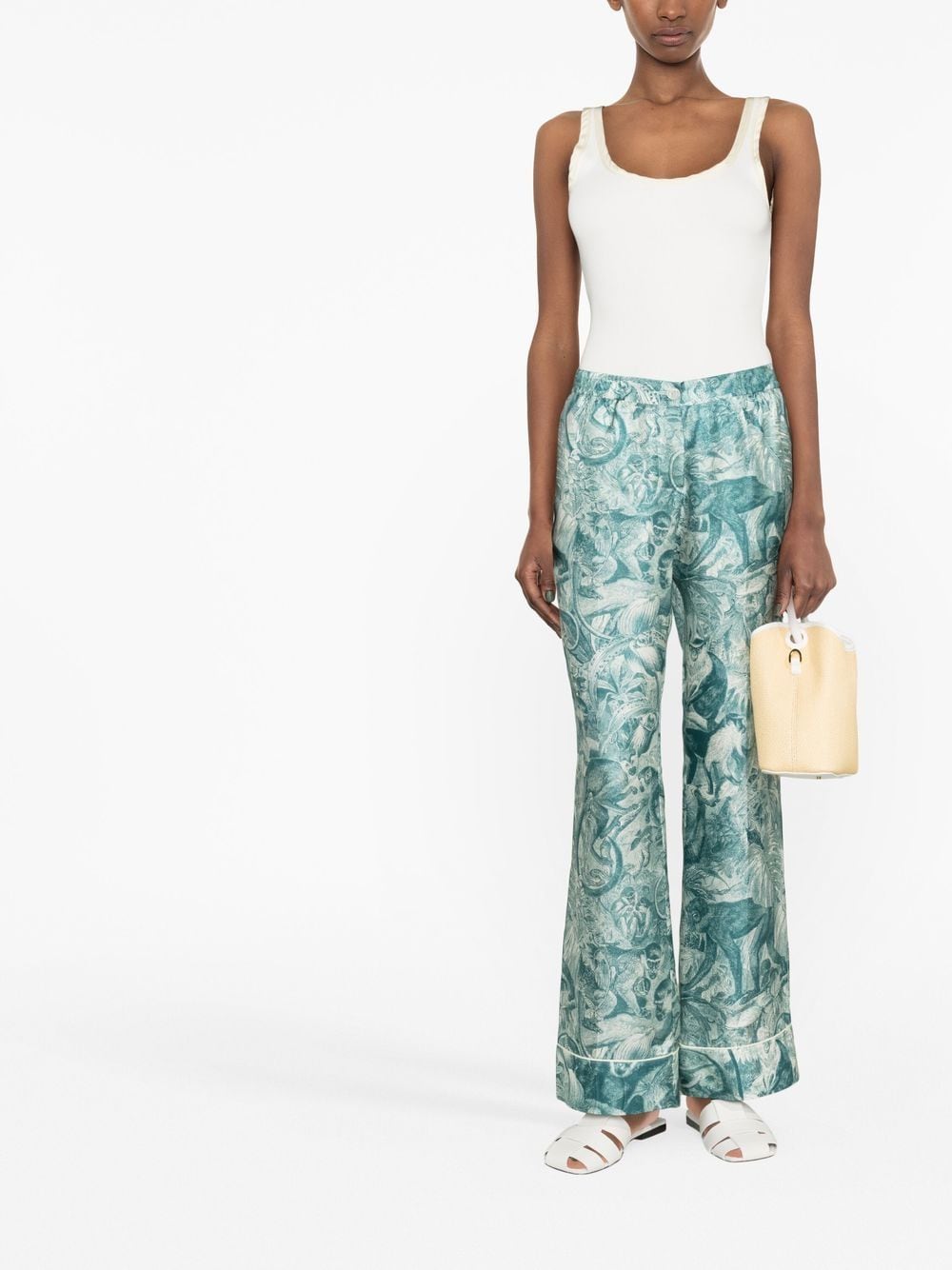 Wide-leg printed silk trousers