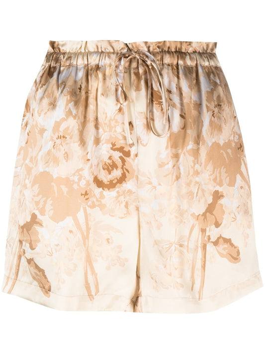 Printed drawstring silk shorts