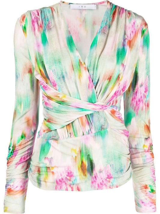 Printed wrap silk blend top