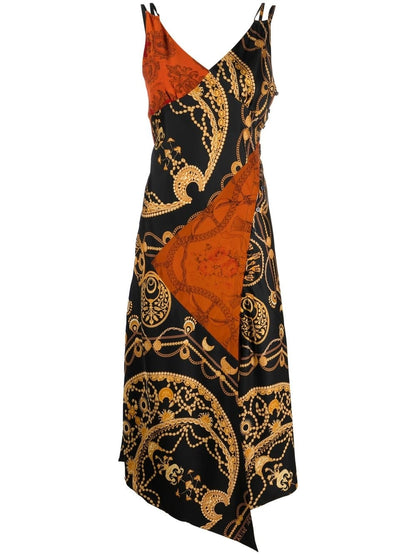 Printed long cocktail silk dress