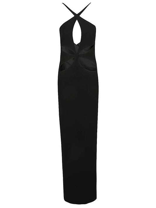 Cut-out detail silk crepe long dress