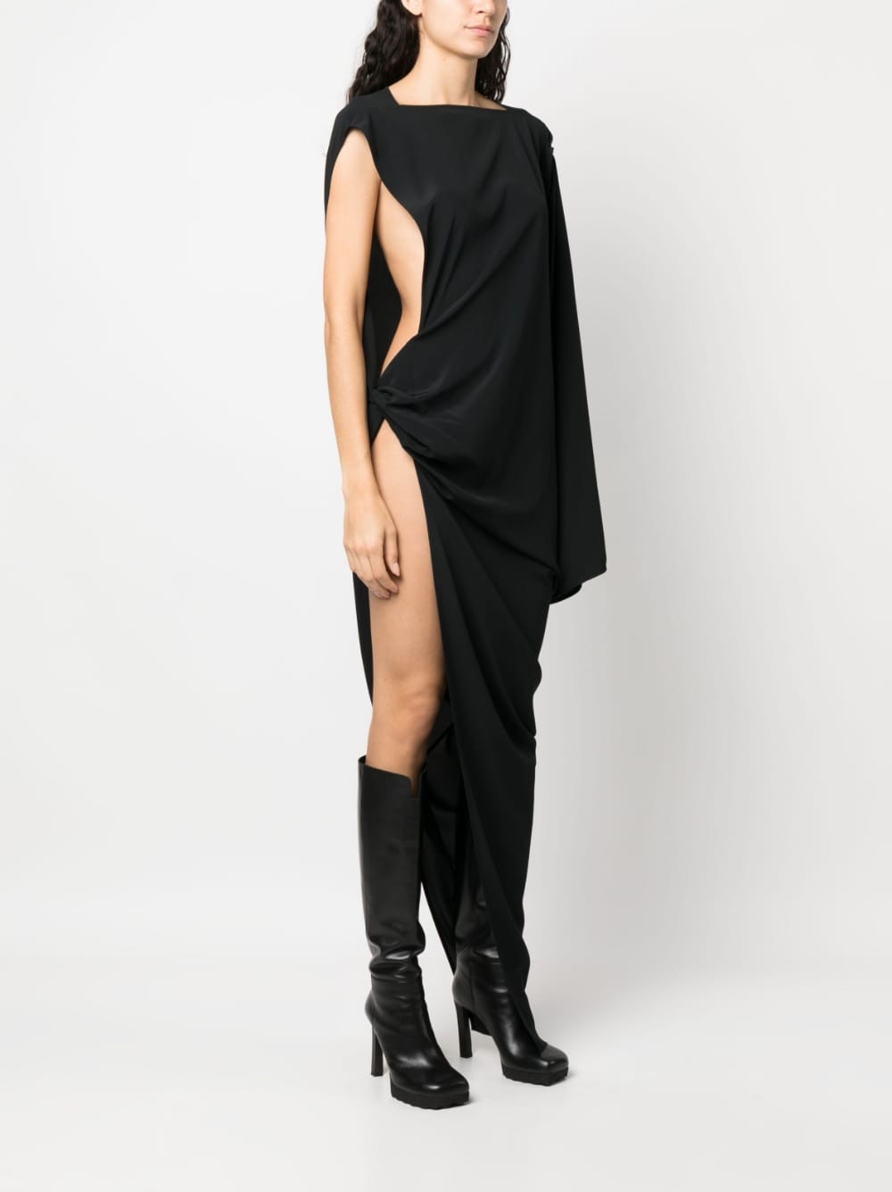 Long one-shoulder draped silk blend dress