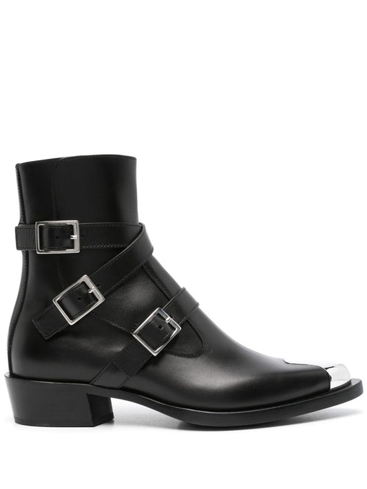 Buckled leather ankle boots