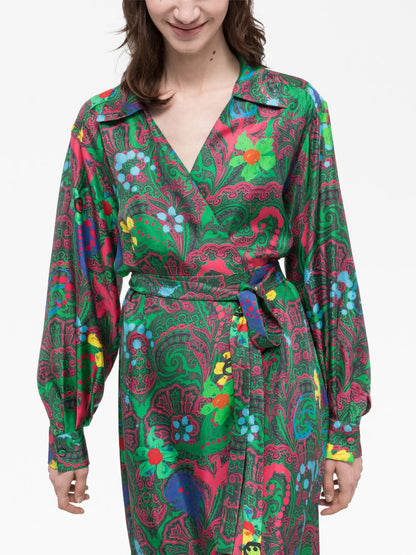 Paisley print long wrap dress