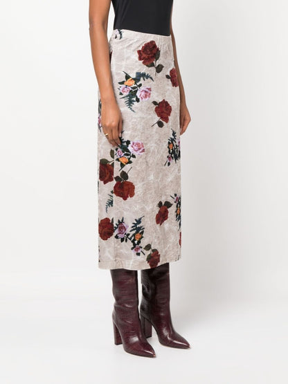 Rose print velvet long skirt