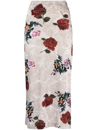 Rose print velvet long skirt