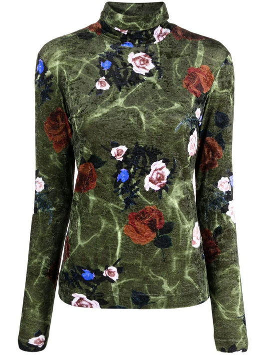 Rose print velvet turtleneck sweater