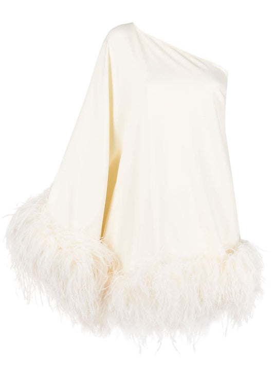 Piccolo ubud one-shoulder feather-trimmed crepe mini dress
