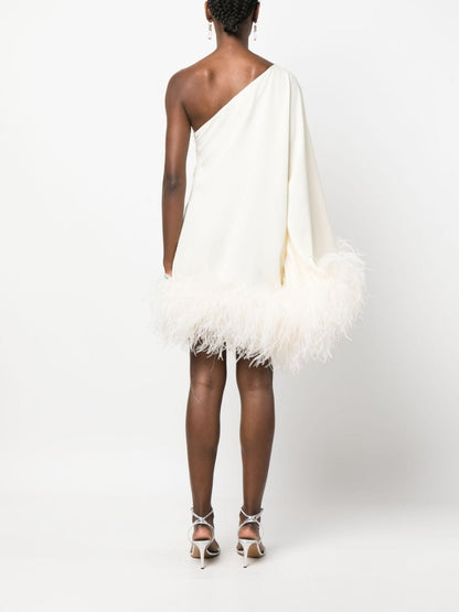 Piccolo ubud one-shoulder feather-trimmed crepe mini dress