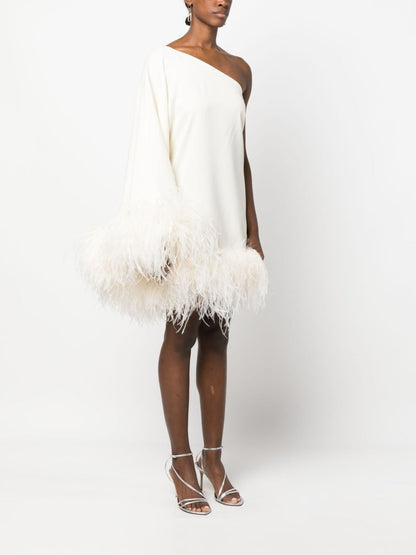 Piccolo ubud one-shoulder feather-trimmed crepe mini dress