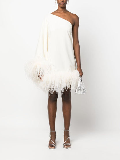 Piccolo ubud one-shoulder feather-trimmed crepe mini dress
