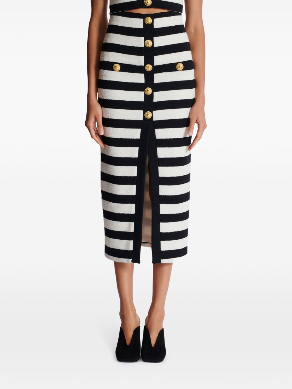 Buttoned striped long skirt