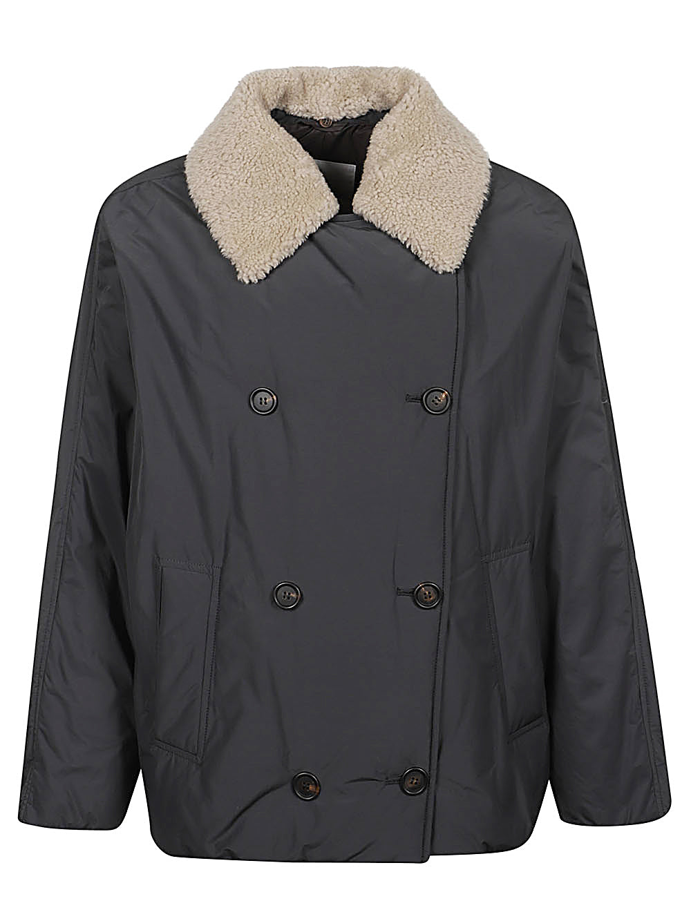 Down coat with shearling neck