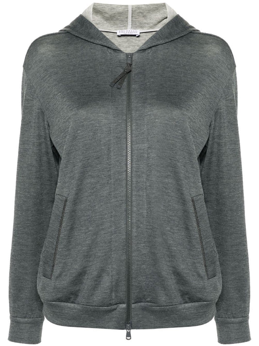 Cotton and silk blend hooded zipped cardigan