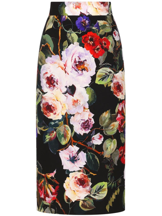 Flower printed silk charmeuse longuette tubino skirt