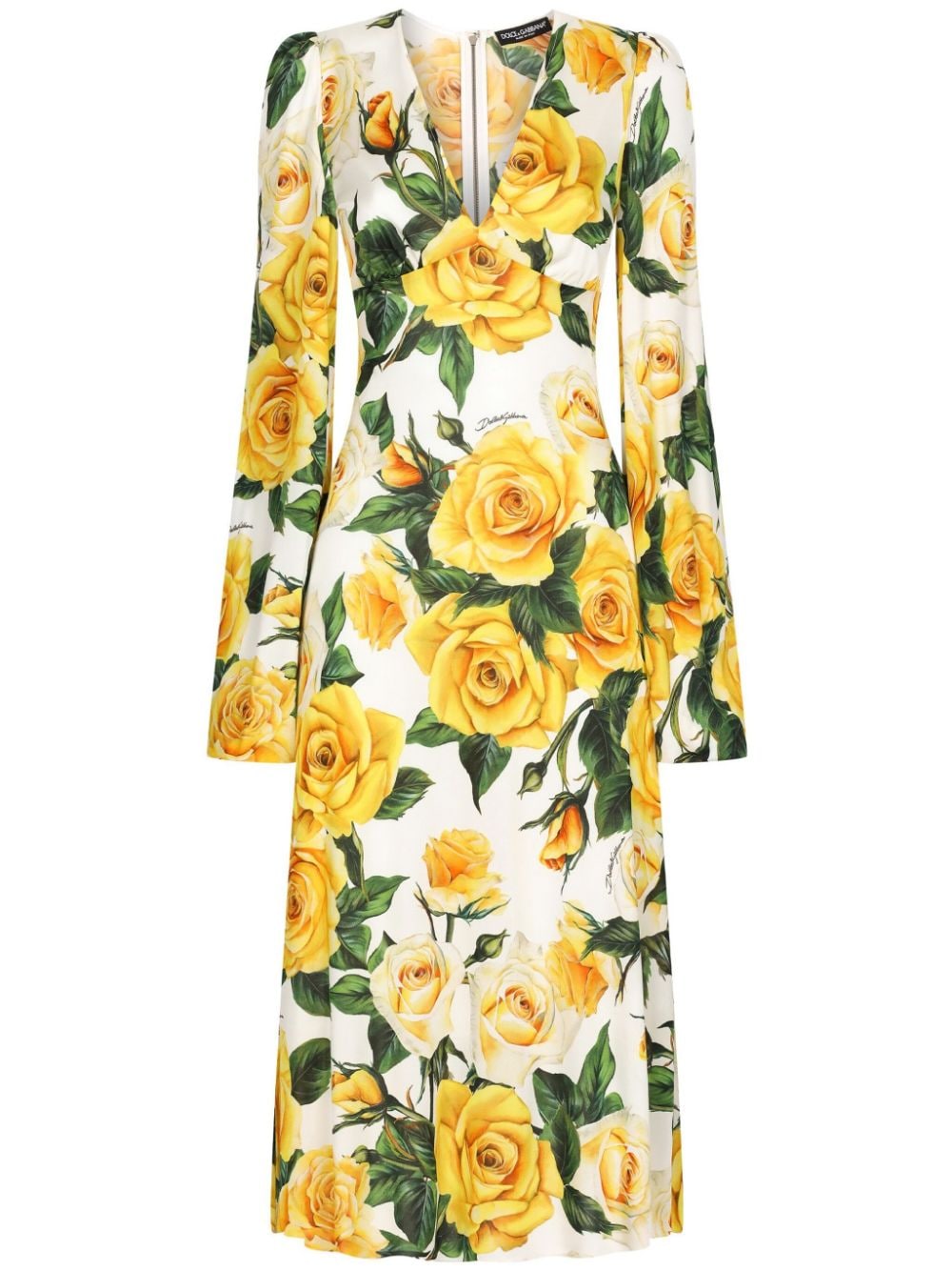 Rose printed organzino silk midi dress