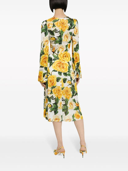 Rose printed organzino silk midi dress