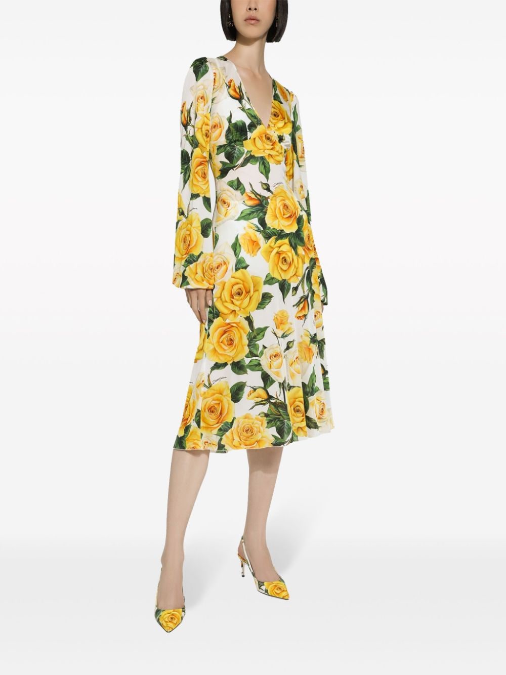 Rose printed organzino silk midi dress