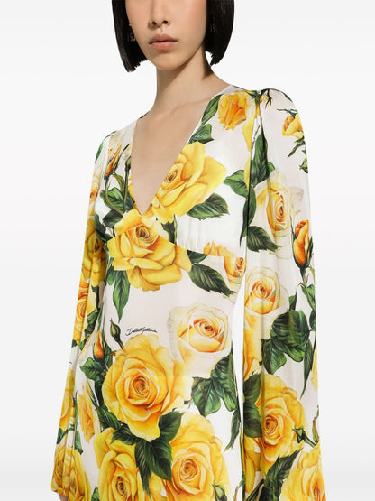 Rose printed organzino silk midi dress