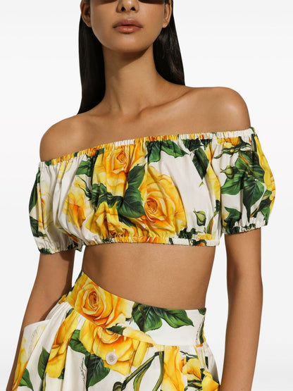 Cotton cropped top with roses print