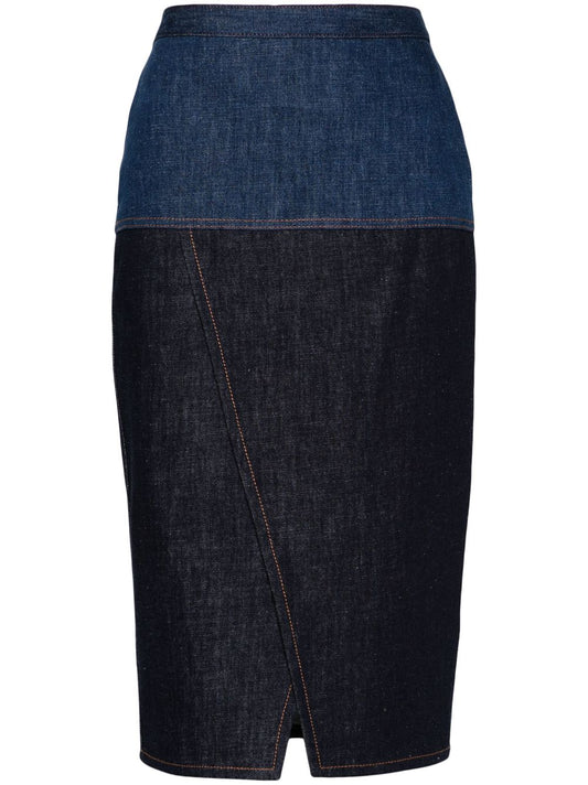 Bicolor denim midi skirt