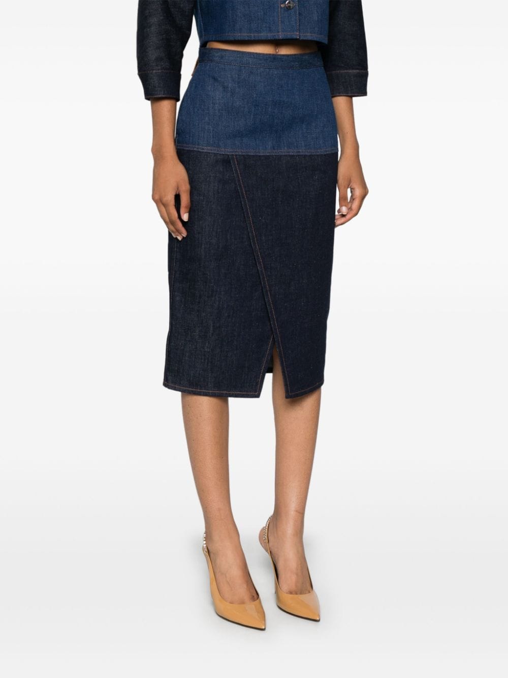 Bicolor denim midi skirt