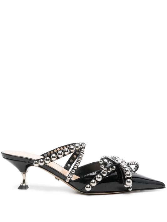 Crystal studs patent leather mules