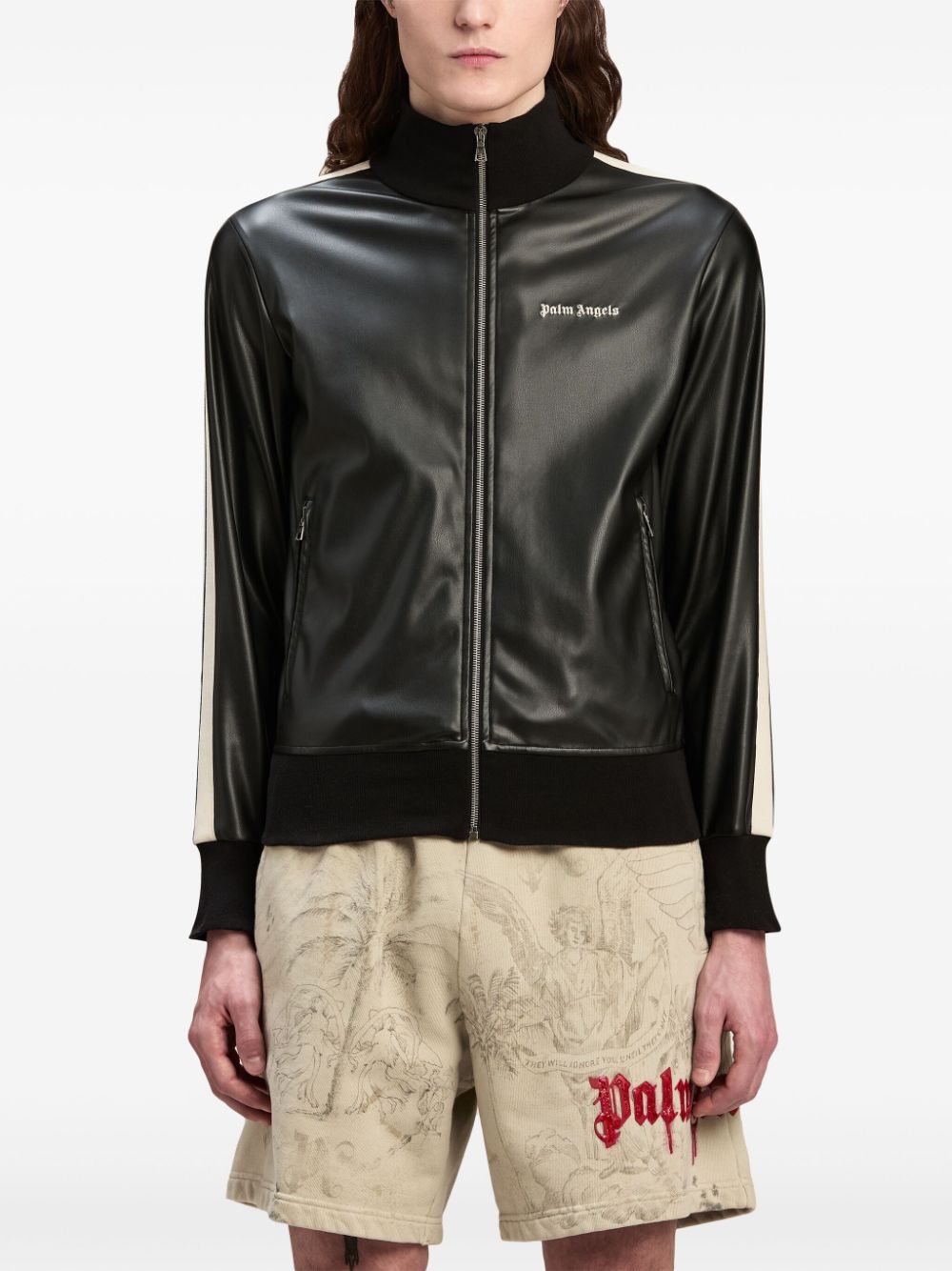 Logo leather-effect bomber jacket