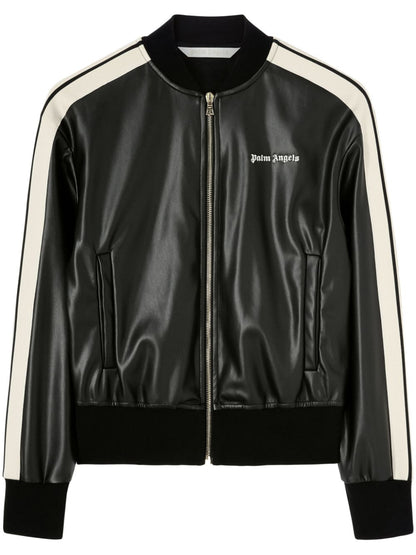 Logo leather effetc track bomber jacket