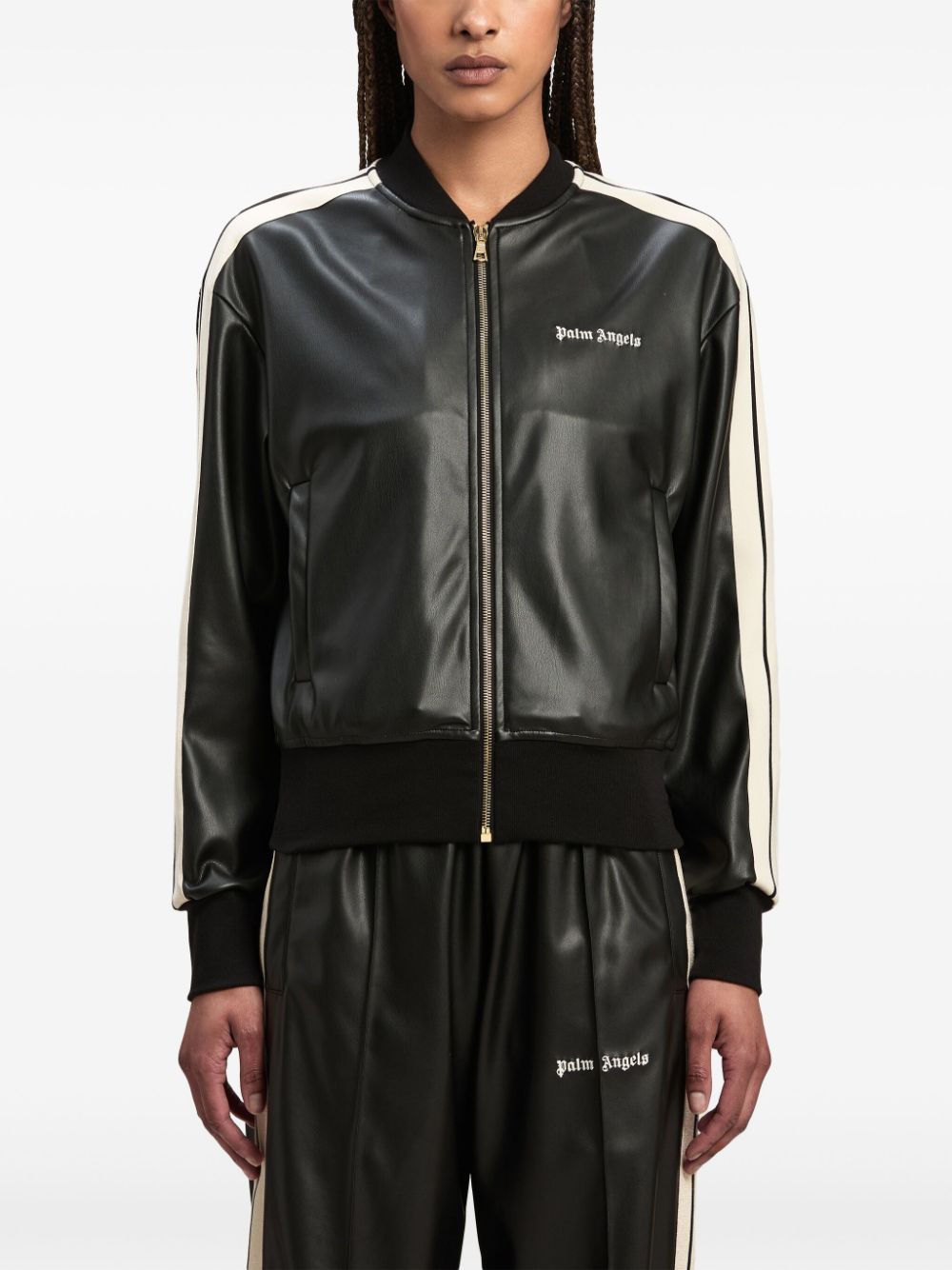 Logo leather effetc track bomber jacket