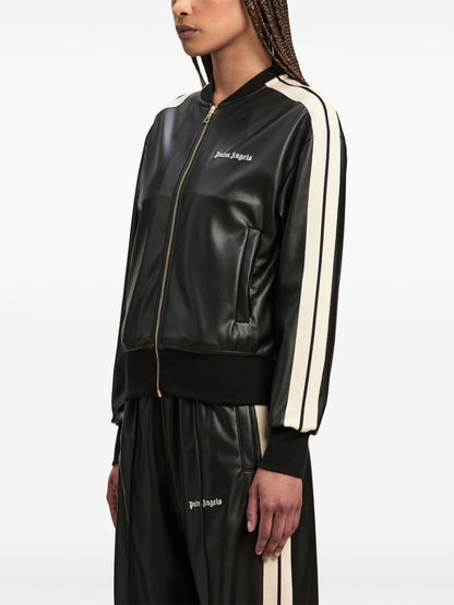 Logo leather effetc track bomber jacket