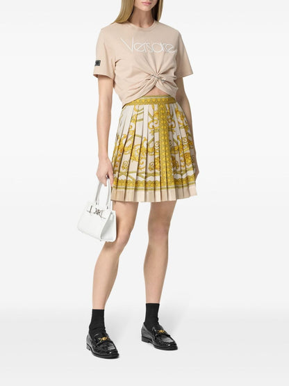 Barocco print silk pleated mini skirt