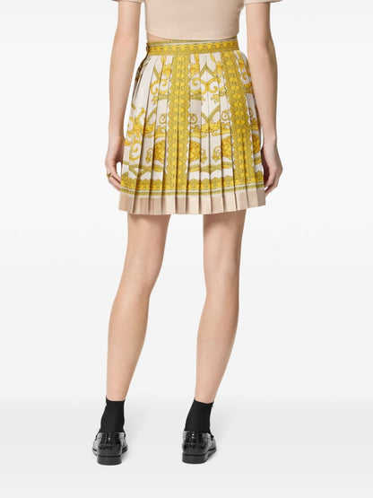 Barocco print silk pleated mini skirt