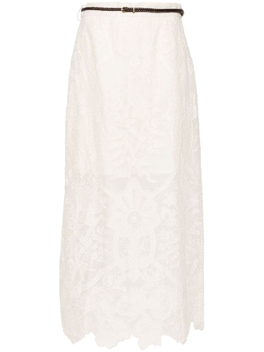 Embroidered linen midi skirt